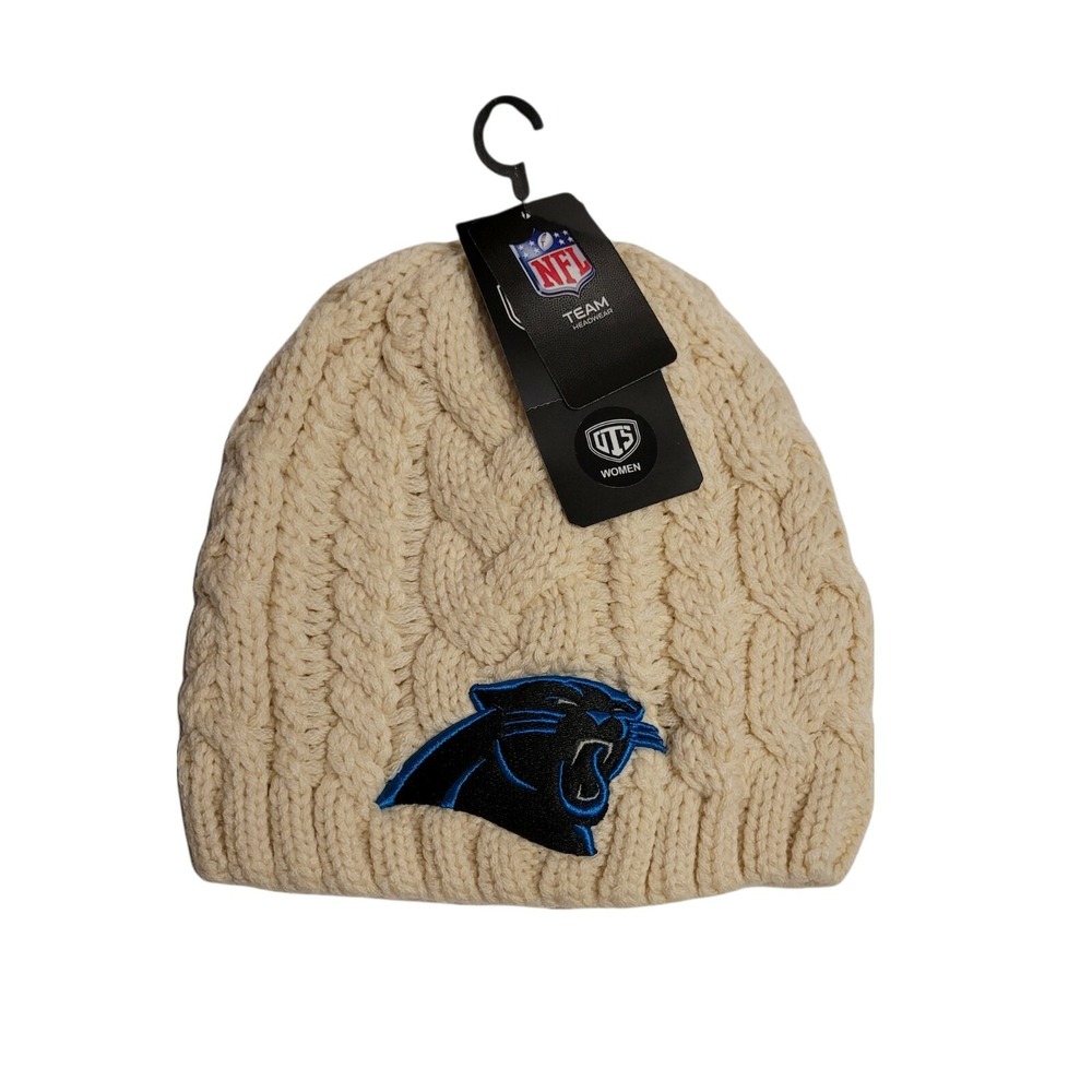 Cable Knit Beanie Hat Nfl Carolina Panthers Cap Womens Cream Color logo